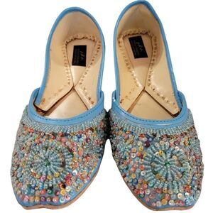 JUTTI Traditional Shoes Women's Beaded Pale Blue Made in Nepal sz 38